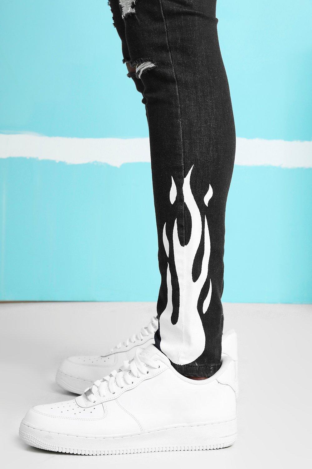 White jeans with black hot sale flames